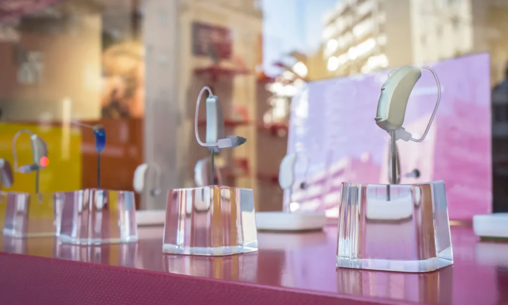 The exhibition hall displays different hearing AIDS