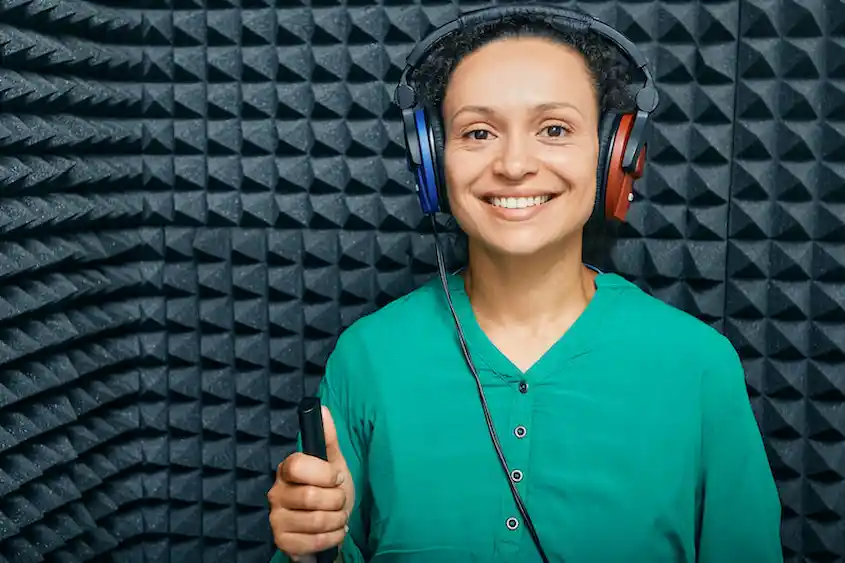 The audiologist is wearing air-guided headphones